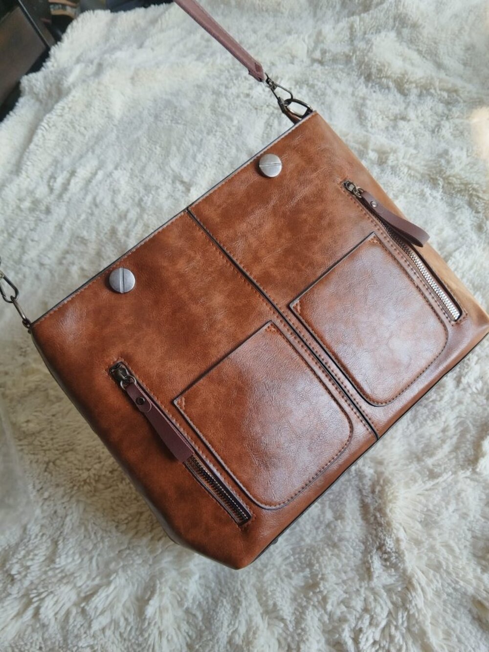 Womens Cognac Brown Faux Leather Crossbody Shoulder Bag Multi Pocket Tote